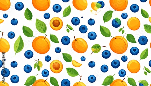 Seamless fruit pattern with fresh apricots blueberries and green leaves on white background