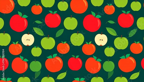 Seamless Pattern of Vibrant Red and Green Apples with Leaves on Dark Green Background
