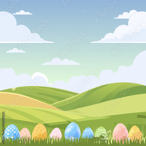 Spring Hills Landscape with Easter Eggs Border Illustration

