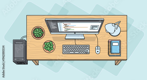 Computer desk with office supplies.