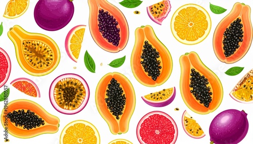 Vibrant Tropical Fruit Pattern with Halved Papaya, Passion Fruit, and Citrus Slices on White Background