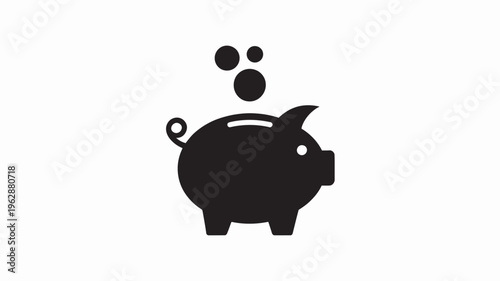 A black piggy bank with coins floating above it on a white background