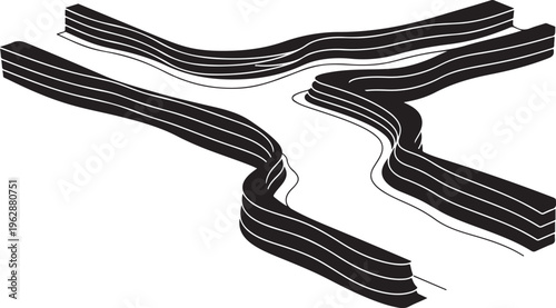 Black and white road illustration with multiple lanes and turns