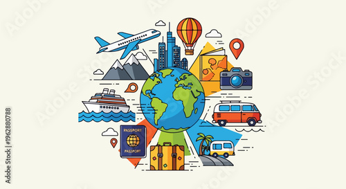 A colorful travel-themed illustration with globe, plane, and other icons