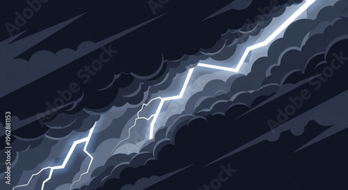 Dramatic lightning bolt strikes through dark stormy clouds with heavy rain and thunder intense weather scene