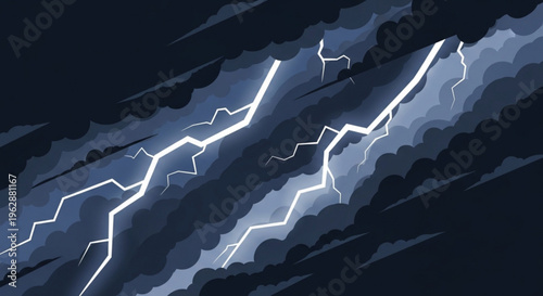 Lightning bolts strike through dark stormy clouds at night electric stormy weather with flashes of lightning in the sky