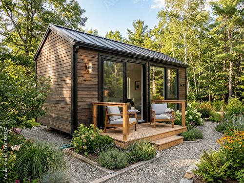 A small, modern wooden cabin with a black metal roof and a cozy porch with two chairs, situated in a serene forest garden with vibrant flowers and lush greenery under a clear blue sky.