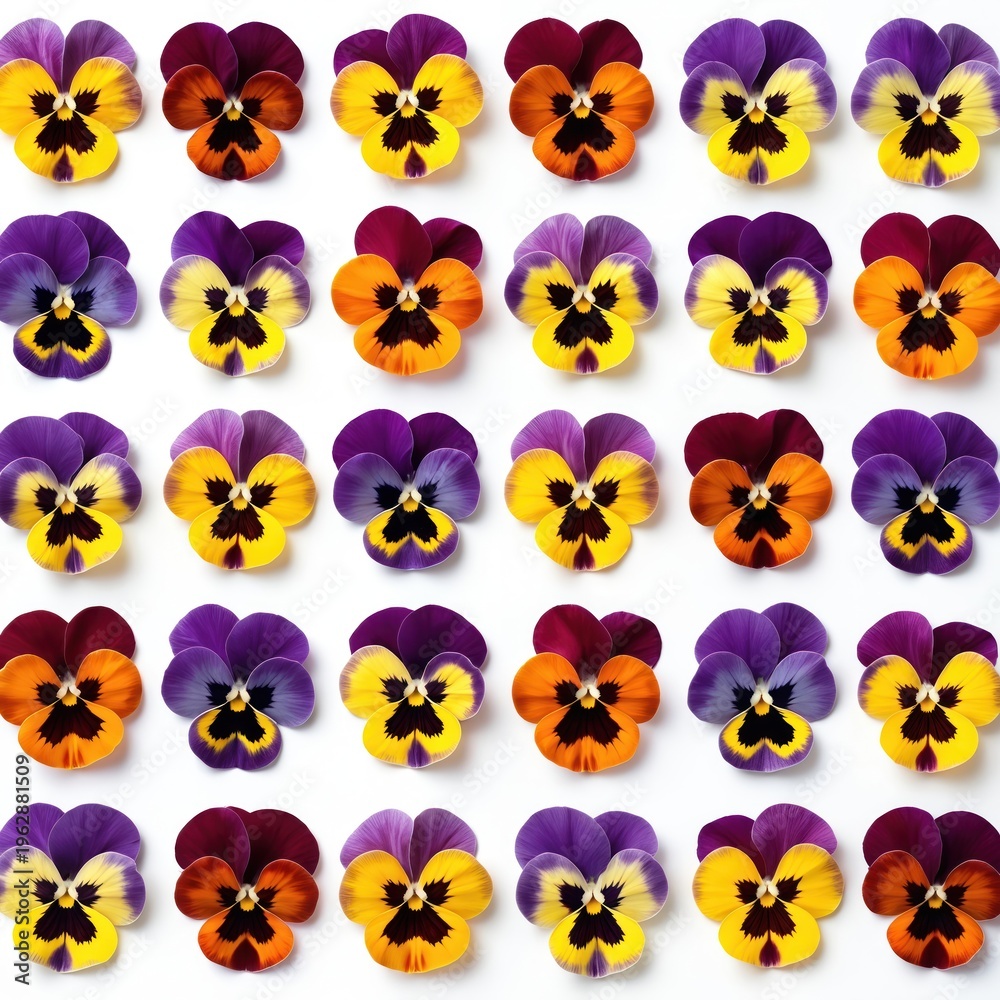 Obraz premium Colorful pansy flowers in purple yellow and orange shades arranged in neat rows on white background. These pansies are blooming bright and beautiful nature plants.