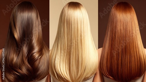 Three women from behind showcasing long, sleek, and shiny straight hair in different colors: dark brown, blonde, and auburn.