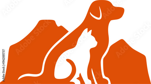 Stylized illustration of a dog and a cat in orange and mountains 	