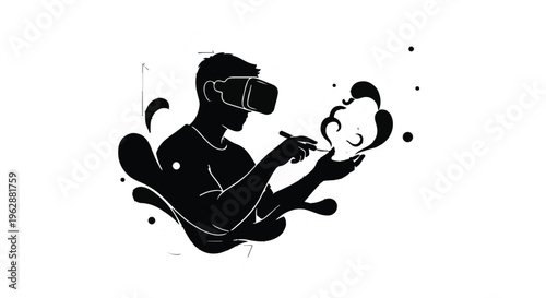 Designer wearing a virtual reality headset interacts with floating digital elements in this creative illustration representing immersive modern technology.