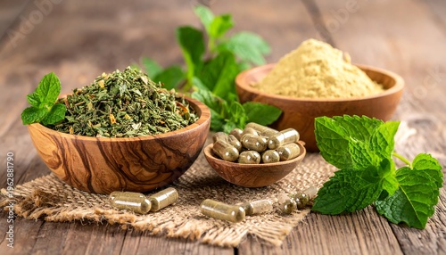 Herbal Supplements in Wooden Bowls with Fresh Mint Leaves.