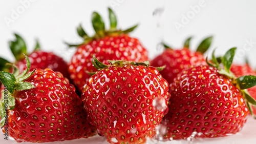 Fresh strawberries under waterfall: juicy fruits getting a refreshing rinse closeup