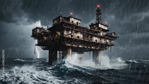 Stormy offshore oil rig amidst thunder, lightning, and heavy rain