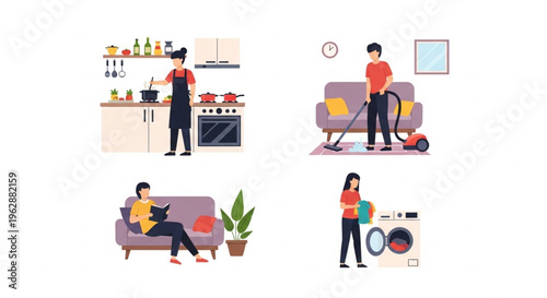 Daily life activities set, cooking, cleaning, relaxing, simple flat vector, white background