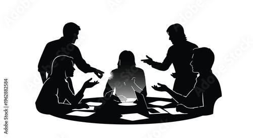 Silhouettes of five business people gather around a table engaged in a serious discussion or meeting.