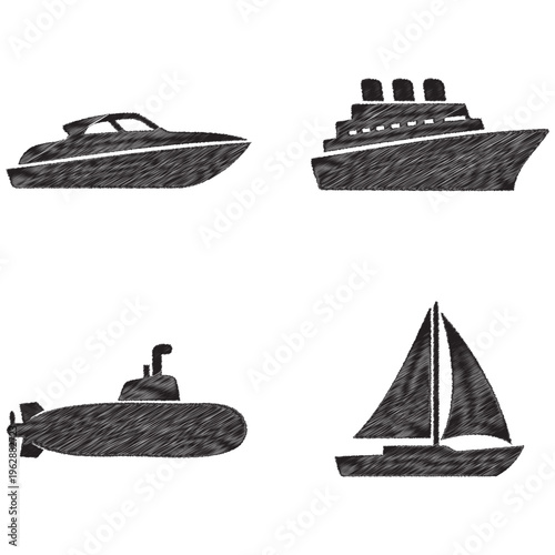 Four black sketched watercraft including a yacht submarine cruise ship and sailboat