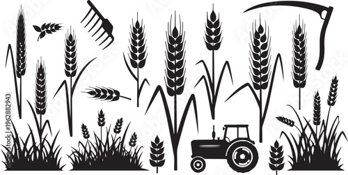 Agricultural Silhouette with Tractor and Wheat Field Landscape