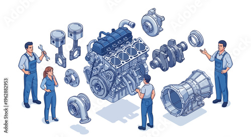 Isometric illustration of four engineers in blue overalls examining and discussing mechanical CAD components and assembly design in a modern industrial setting with a clean white background.