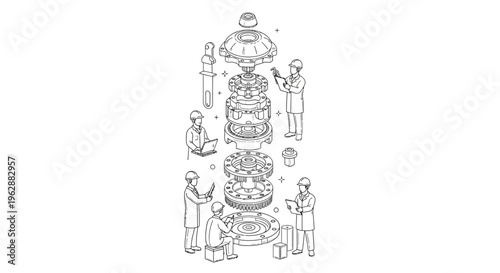 Illustration of people working on mechanical CAD designs and industrial machine parts in a modern factory office setting with technical drawings and blueprints.