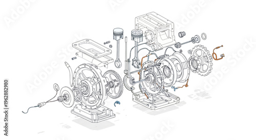 Detailed mechanical CAD assembly illustration of industrial machine parts with exploded view and technical drawing components on a clean white background.