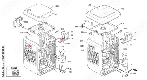 Detailed mechanical CAD assembly illustration of industrial machine parts with exploded view and technical drawing on a clean white background.