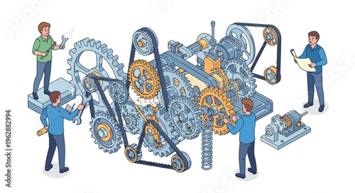 Illustration of engineers working with large mechanical CAD assembly and industrial machine parts in a modern factory office setting.