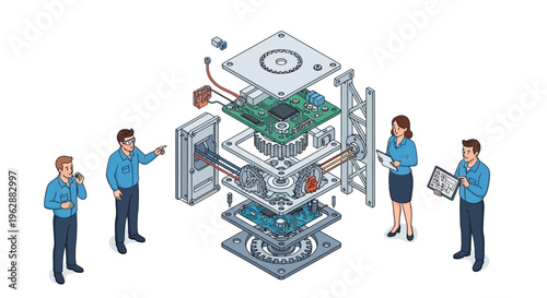 Isometric illustration of a team of engineers collaborating around a detailed mechanical CAD assembly with industrial machine parts and technical drawings.