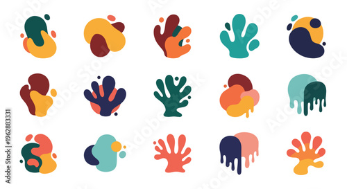 Vibrant abstract shapes in various colors arranged in rows on neutral space