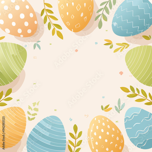 Easter Pattern Background with Decorative Eggs and Leaves

