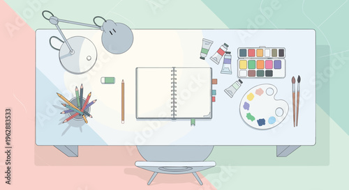 Desk with art supplies and notebook.