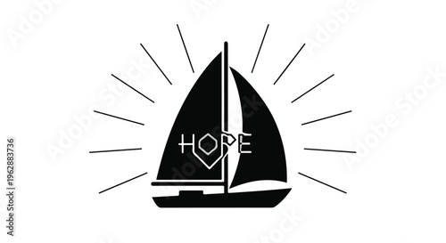 Black sailboat silhouette featuring the word 'HOPE' on its sail and radiating sun rays symbolizes optimism and a positive outlook.