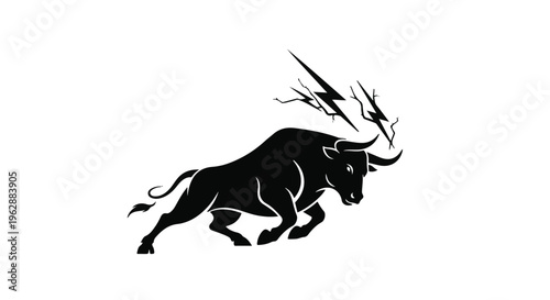 Black bull silhouette, depicted in a dynamic charging pose with stylized lightning bolts, symbolizes raw power and formidable energy.