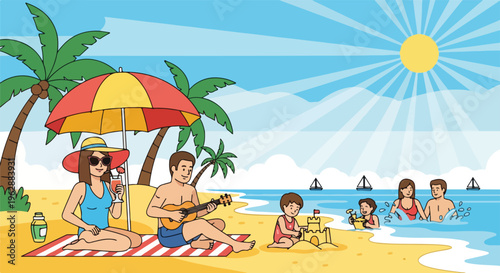 A family enjoys a sunny day at the beach, playing, and swimming