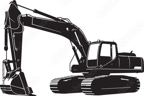 Black excavator machine with long arm and tracks illustration
