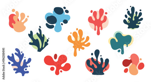 Colorful coral reef shapes in various vibrant hues and sizes