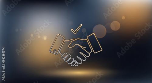 Handshake with checkmark on dark background with bokeh lights symbolizing agreement and partnership
