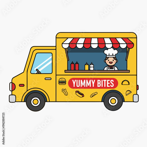 A cartoon food truck, yellow, with a chef and red awning