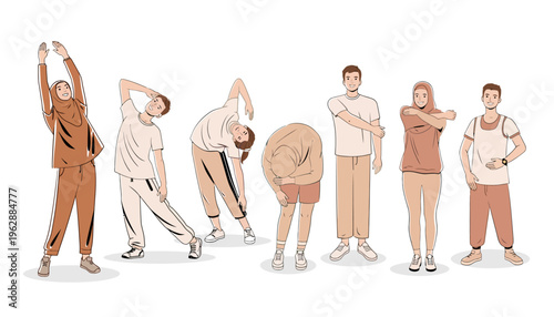 People doing morning stretching exercises.