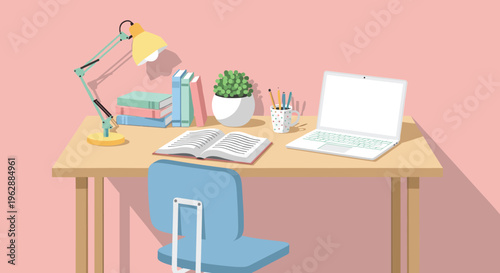 Blue chair in front desk.