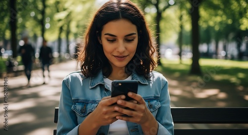 Woman Focused on Phone in Park on Sunny Day.