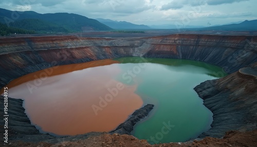 Vast open pit mine with stratified earth walls, toxic water pools. Polluted orange, green liquids fill excavated area. Industrial landscape shows resource extraction consequences, with hills in
