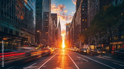 City street at sunset with traffic.