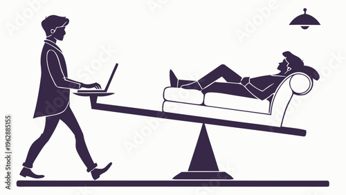 Silhouette of man working on laptop walking on seesaw while woman relaxes on couch
