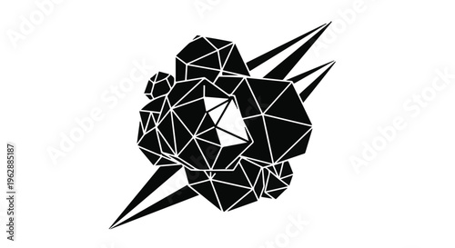 Abstract geometric composition features interconnected polyhedral shapes with sharp angular lines, creating a dynamic and modern design suitable for technology or conceptual themes.
