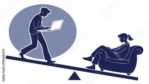 Silhouette of man working on laptop out of balance with woman relaxing on couch on seesaw