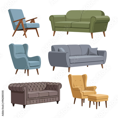 Furniture collection including sofas and armchairs in various colors