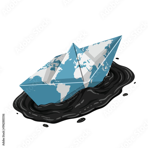 Paper Boat on Earth Illustration - Environmental Pollution Concept Art - Global Warming Symbolism - Creative Design Vector Image