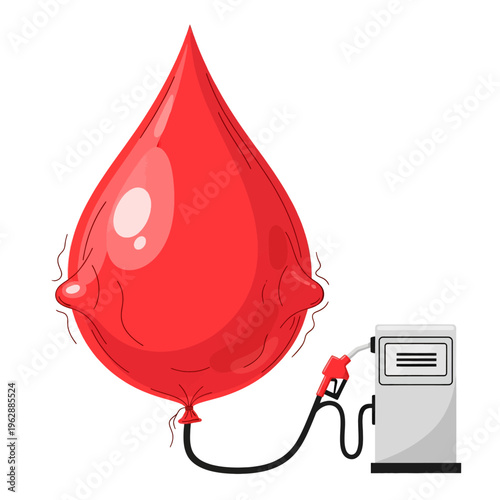 Blood Drop Balloon Filled with Fuel Cartoon Illustration Conceptual Art Design Graphic Vector Image Symbol Metaphor
