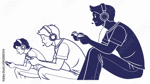 Gamers sitting with headsets and controllers engaged in online gaming session teamwork and fun